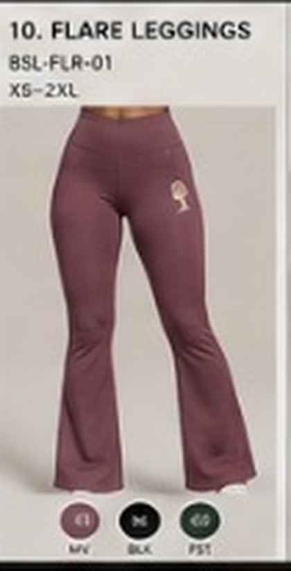 BO$AL Flare Legging concept artwork — BSL-FLR-01, mauve colourway with the gold heritage circular mark on the upper thigh. XOE BOSAL Concept Studio — Women's Athleisure & Gym Line concept artwork, preserved exactly as supplied.