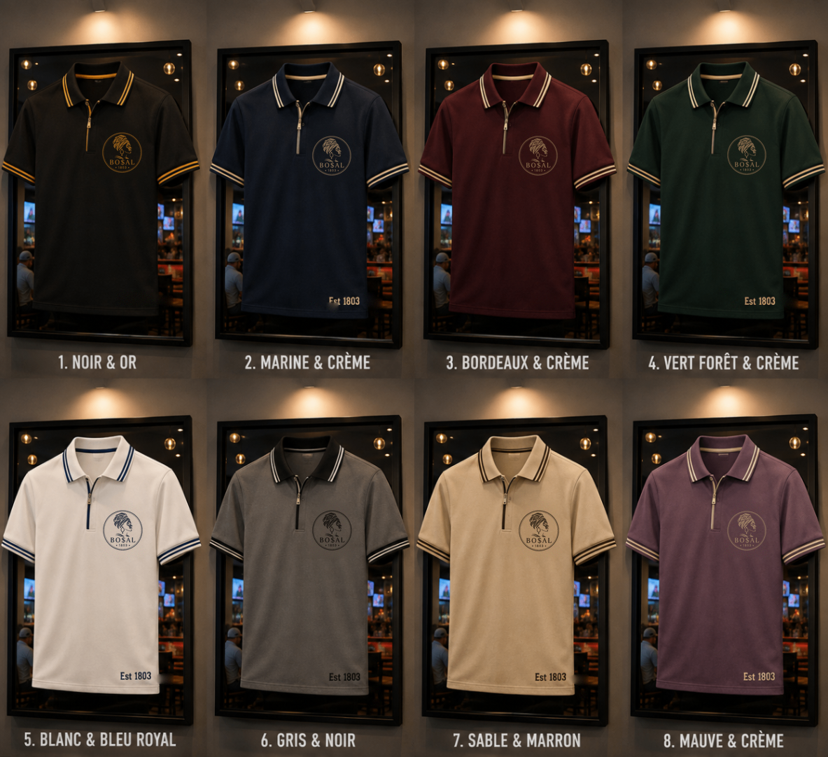 BO$AL Heritage Polo concept sheet — eight framed colourway mockups with the circular woman-with-headwrap heritage lockup, BO$AL wordmark and Est 1803.