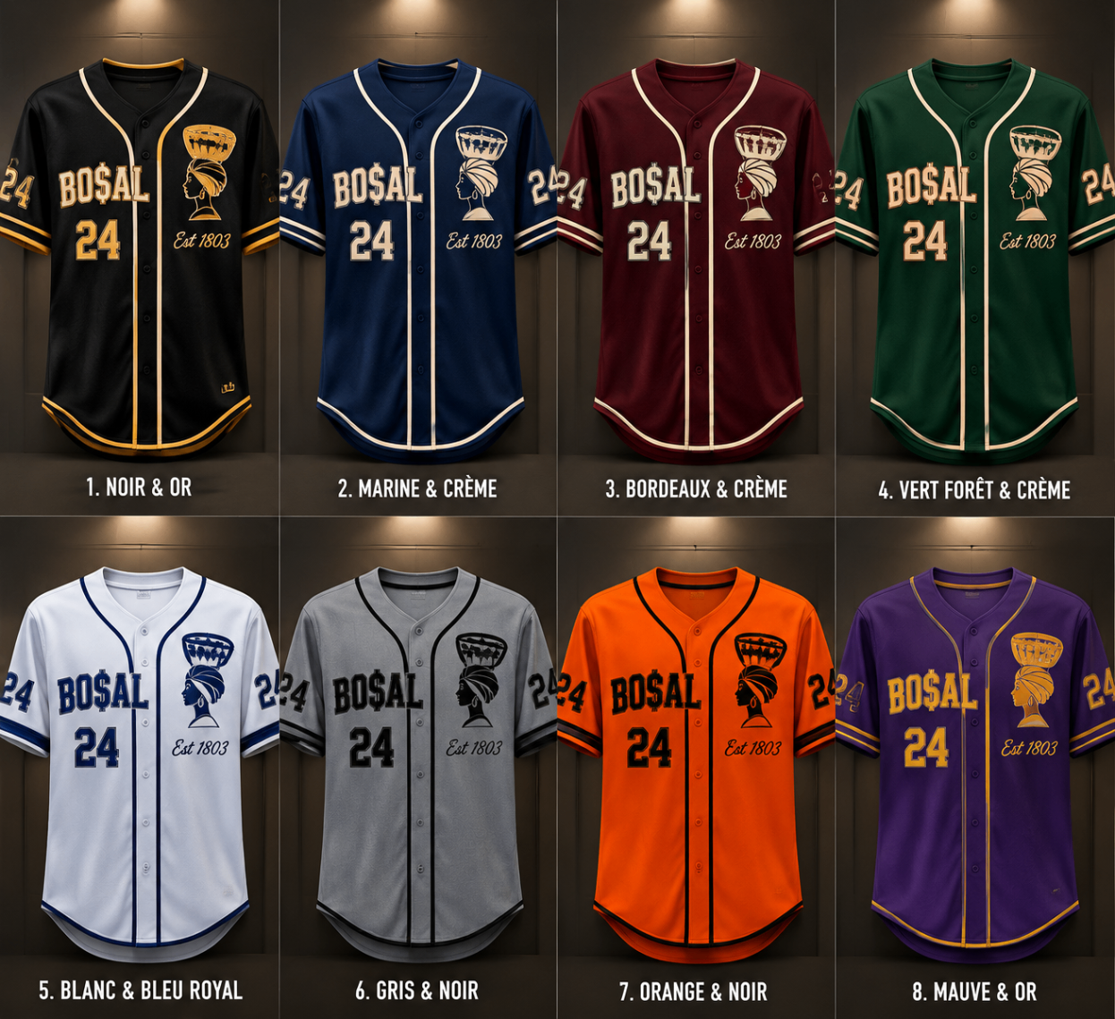 BO$AL Baseball Jersey concept sheet — eight colourway mockups with the woman-with-headwrap symbol, BO$AL wordmark, number 24 and Est 1803.