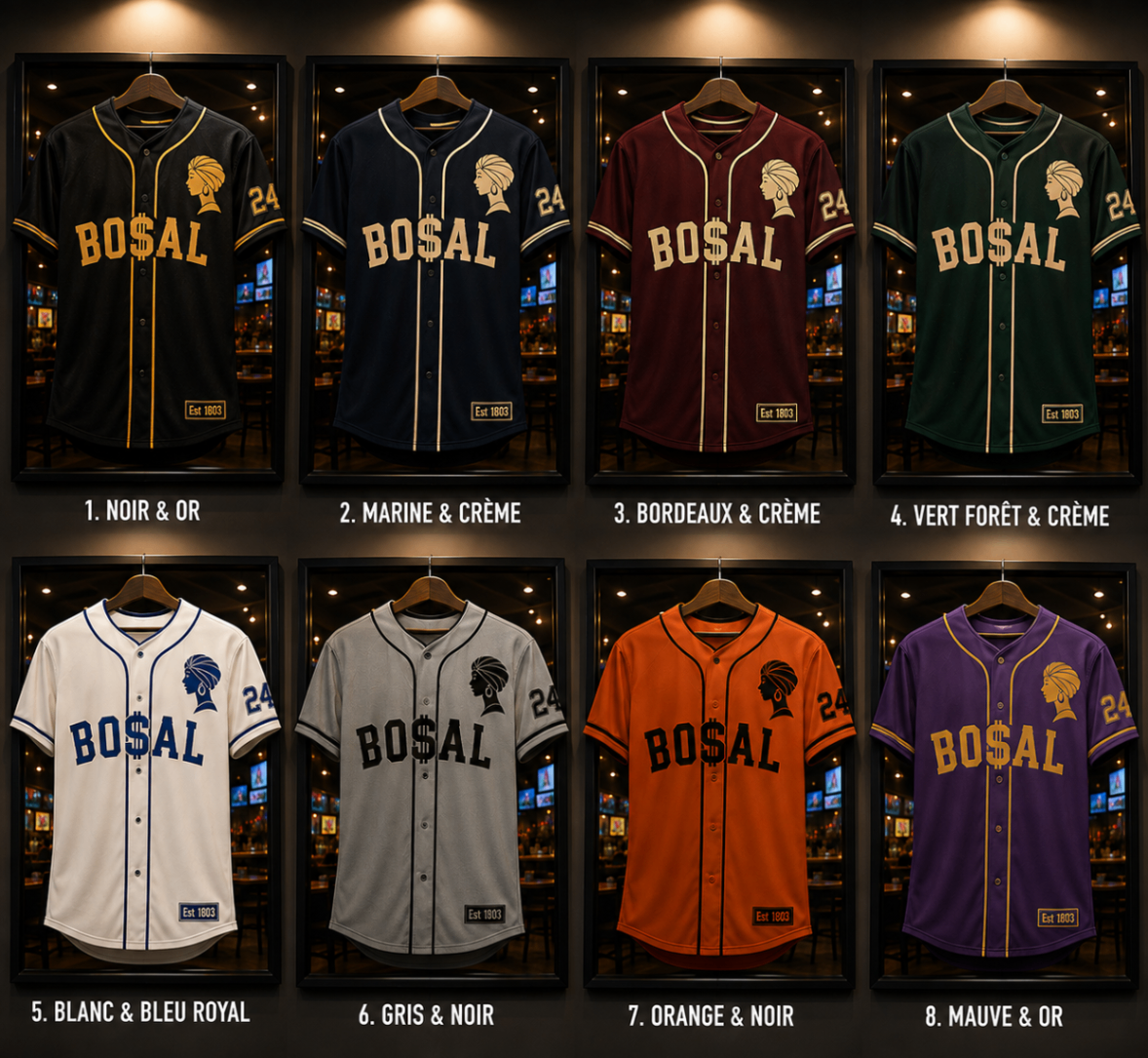BO$AL Baseball Jersey concept sheet — eight framed colourway mockups with the woman-with-headwrap symbol, arched BO$AL wordmark and Est 1803 label.