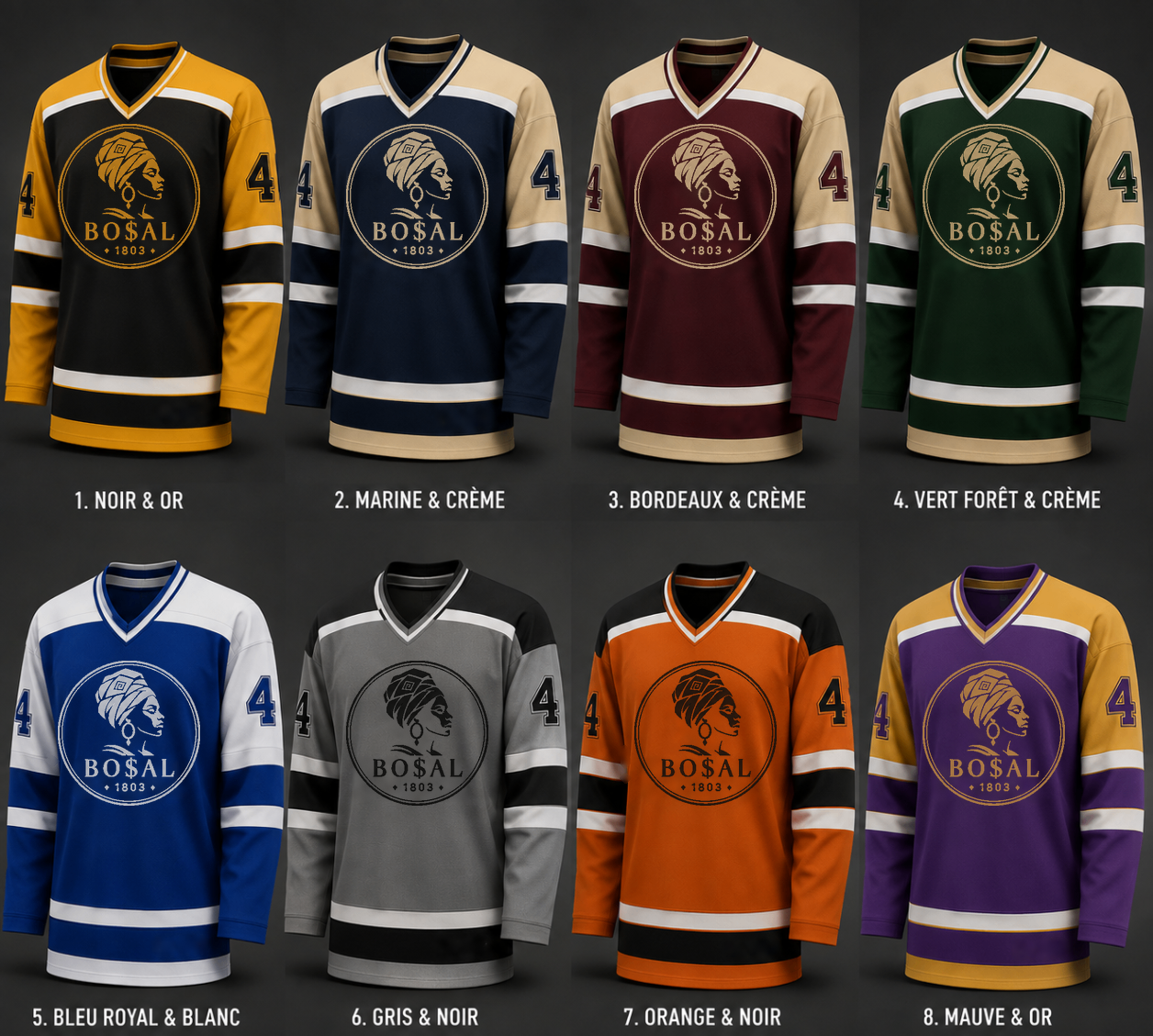 BO$AL Hockey Jersey concept sheet — eight colourway mockups with the woman-with-headwrap symbol, BO$AL wordmark, number 4 and Est 1803.