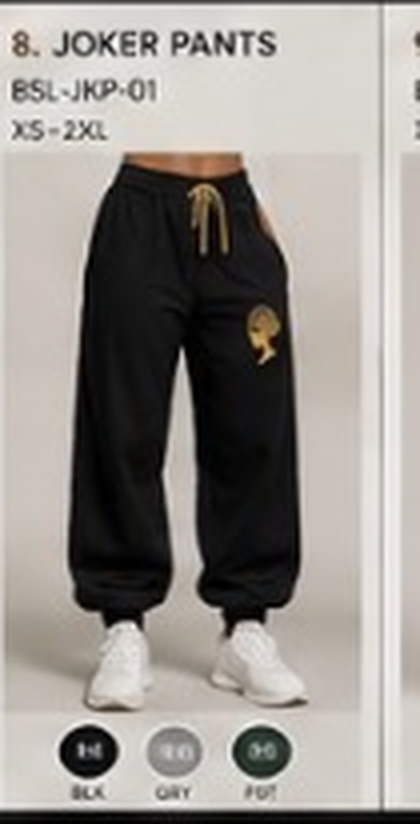 BO$AL Joker Pants concept artwork — BSL-JKP-01, black colourway with the gold woman-with-headwrap mark on the upper thigh. XOE BOSAL Concept Studio — Women's Athleisure & Gym Line concept artwork, preserved exactly as supplied.
