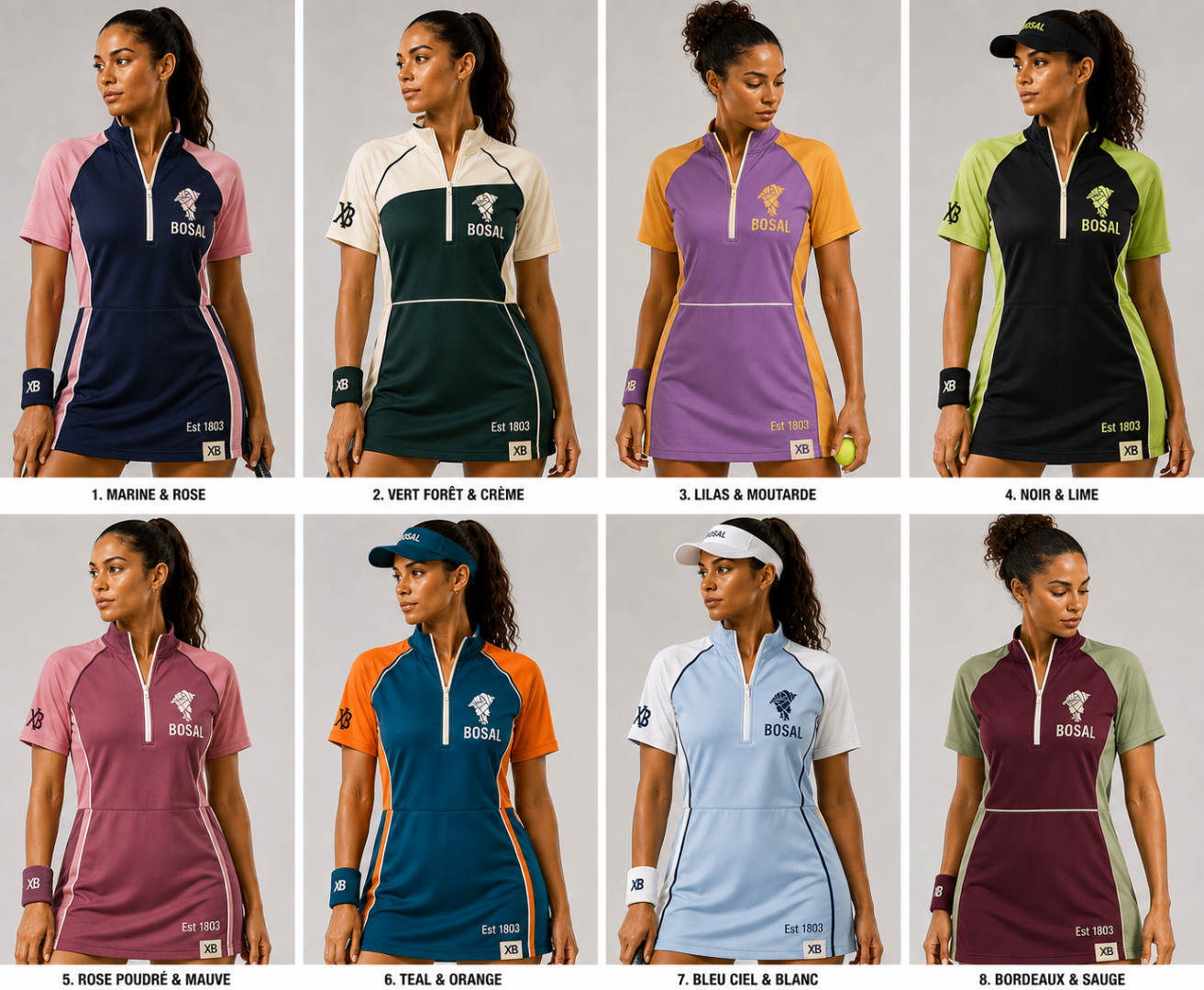 BO$AL Women's Quarter-Zip Performance Dress concept sheet — eight colourway mockups with the woman-with-headwrap symbol, BO$AL wordmark and Est 1803.