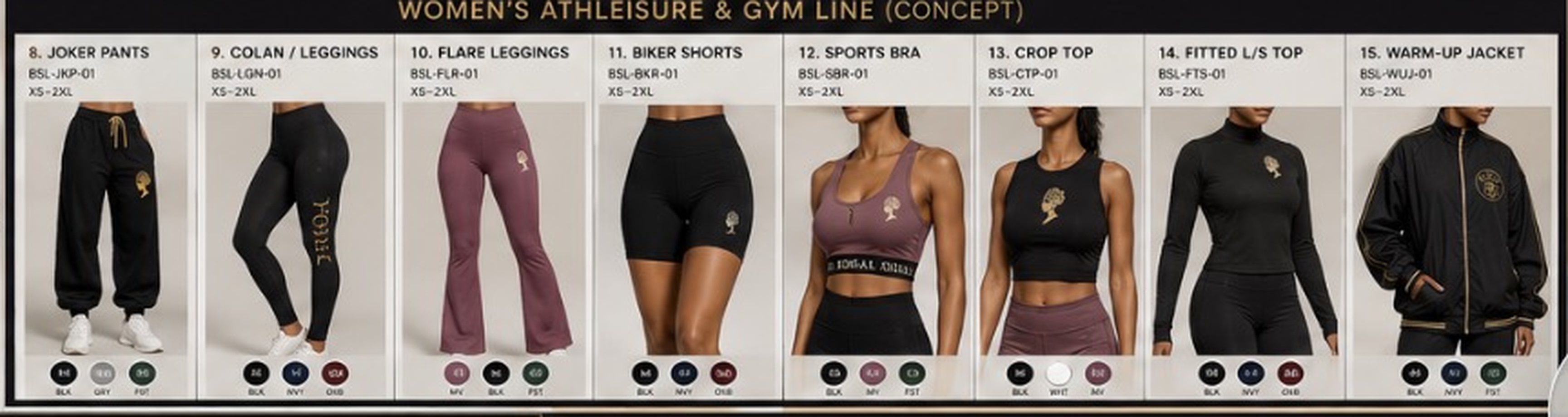 BO$AL Women's Athleisure & Gym Line concept sheet — eight garment concepts including the Joker Pants. XOE BOSAL Concept Studio — Women's Athleisure & Gym Line concept artwork, preserved exactly as supplied.