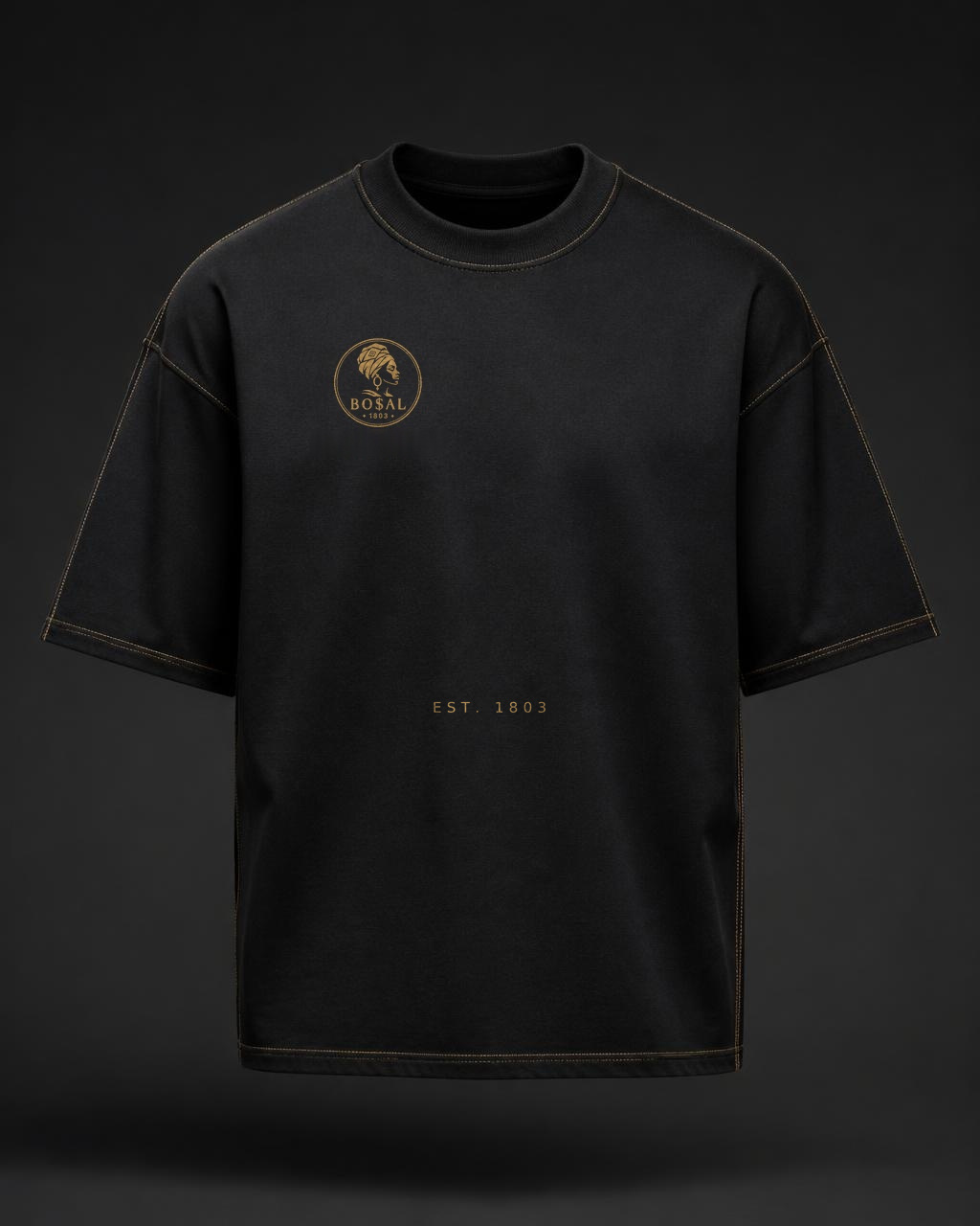 BO$AL Signature Heavyweight Tee — Jet Black / Antique Gold — front view