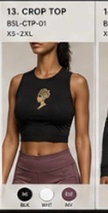 BO$AL Crop Top concept artwork — BSL-CTP-01, black colourway with the gold woman-with-headwrap mark at centre chest. XOE BOSAL Concept Studio — Women's Athleisure & Gym Line concept artwork, preserved exactly as supplied.