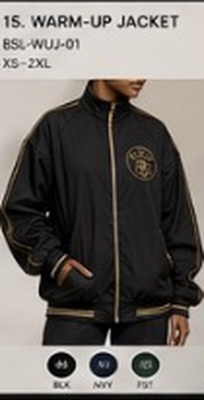 BO$AL Warm-Up Jacket concept artwork — BSL-WUJ-01, black colourway with the gold heritage circular mark at left chest and gold sleeve piping. XOE BOSAL Concept Studio — Women's Athleisure & Gym Line concept artwork, preserved exactly as supplied.