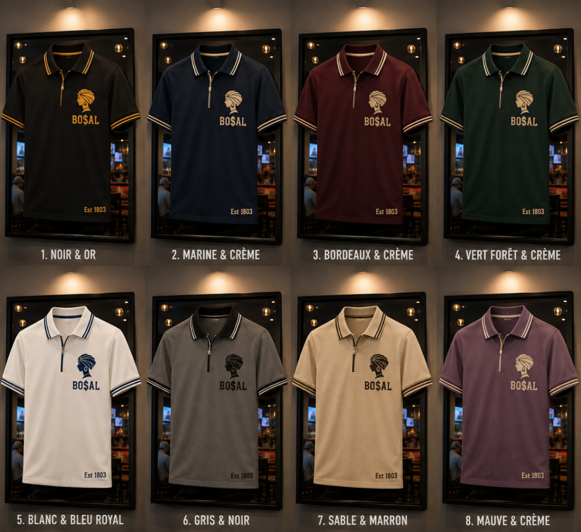 BO$AL Heritage Polo concept sheet — eight framed colourway mockups with the circular woman-with-headwrap heritage lockup, BO$AL wordmark and Est 1803.