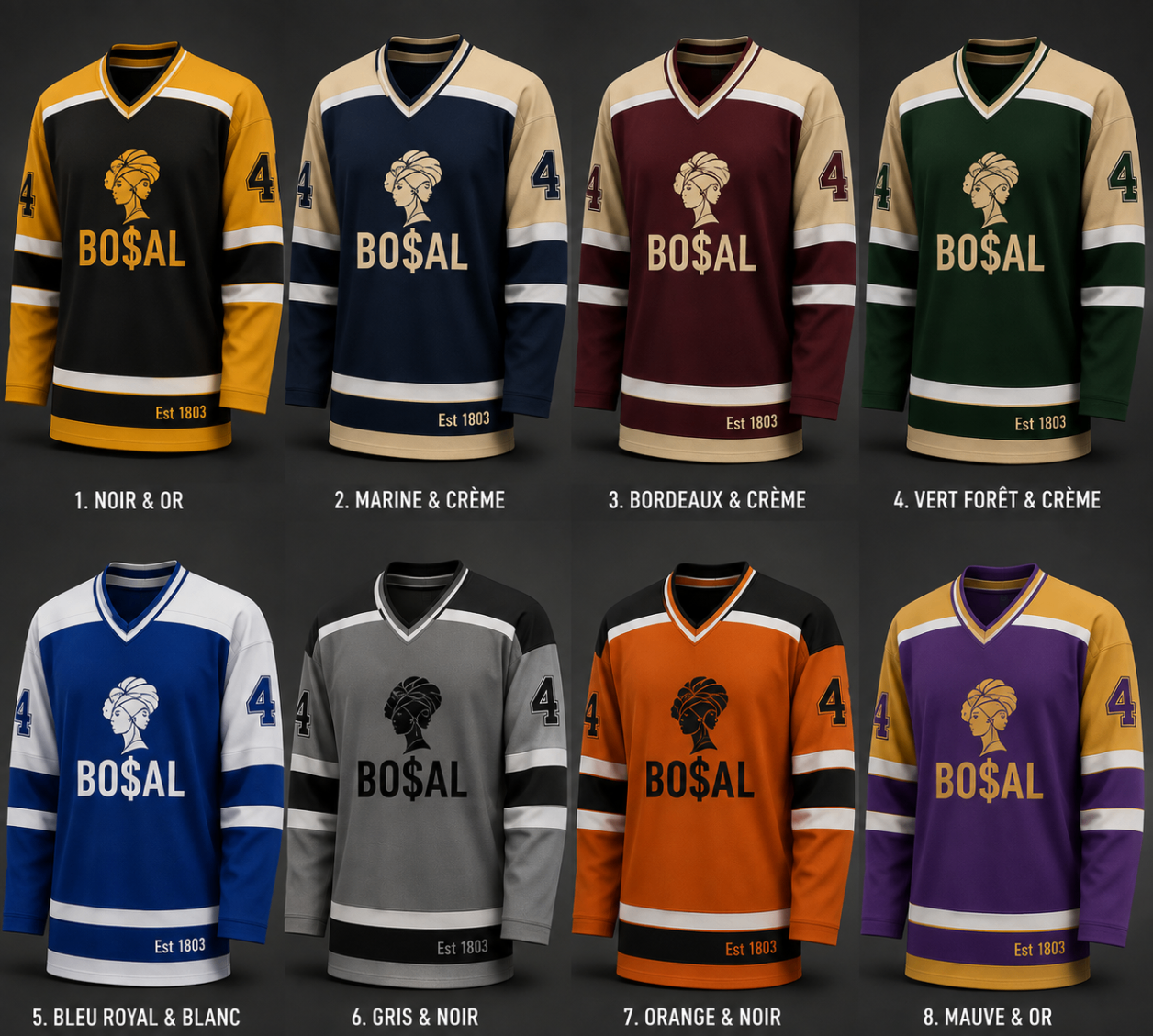 BO$AL Hockey Jersey concept sheet — eight colourway mockups with the woman-with-headwrap symbol, BO$AL wordmark, number 4 and Est 1803.