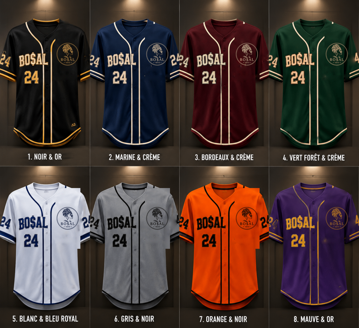 BO$AL Baseball Jersey concept sheet — eight colourway mockups with the woman-with-headwrap symbol, BO$AL wordmark, number 24 and Est 1803.