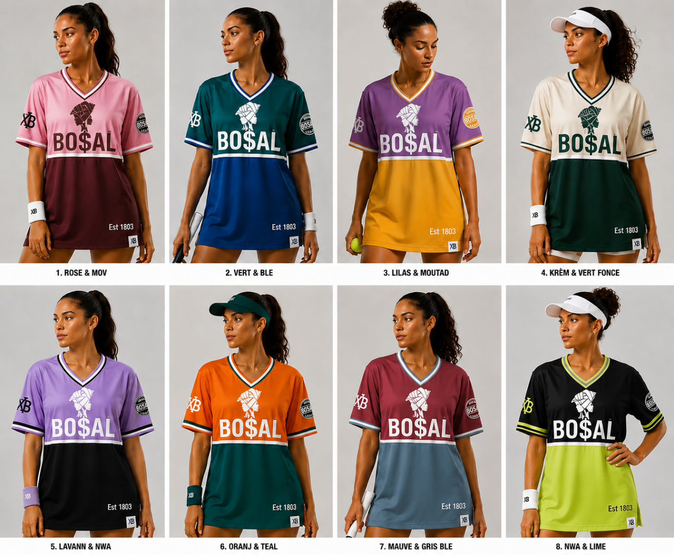 BO$AL Women's Performance Jersey concept sheet — eight colourway mockups with the woman-with-headwrap symbol, BO$AL wordmark and Est 1803.