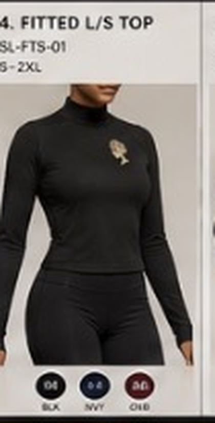 BO$AL Fitted L/S Top concept artwork — BSL-FTS-01, black colourway with the gold heritage circular mark at left chest. XOE BOSAL Concept Studio — Women's Athleisure & Gym Line concept artwork, preserved exactly as supplied.