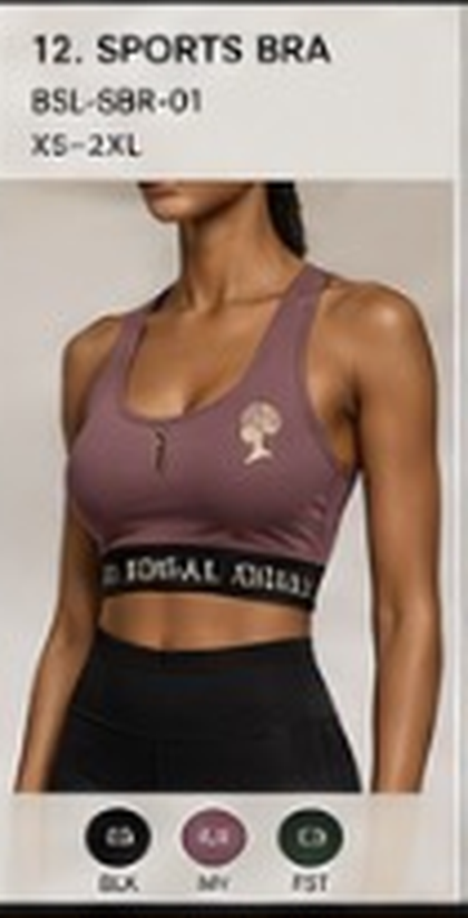 BO$AL Sports Bra concept artwork — BSL-SBR-01, mauve colourway with the gold woman-with-headwrap mark and branded elastic band. XOE BOSAL Concept Studio — Women's Athleisure & Gym Line concept artwork, preserved exactly as supplied.
