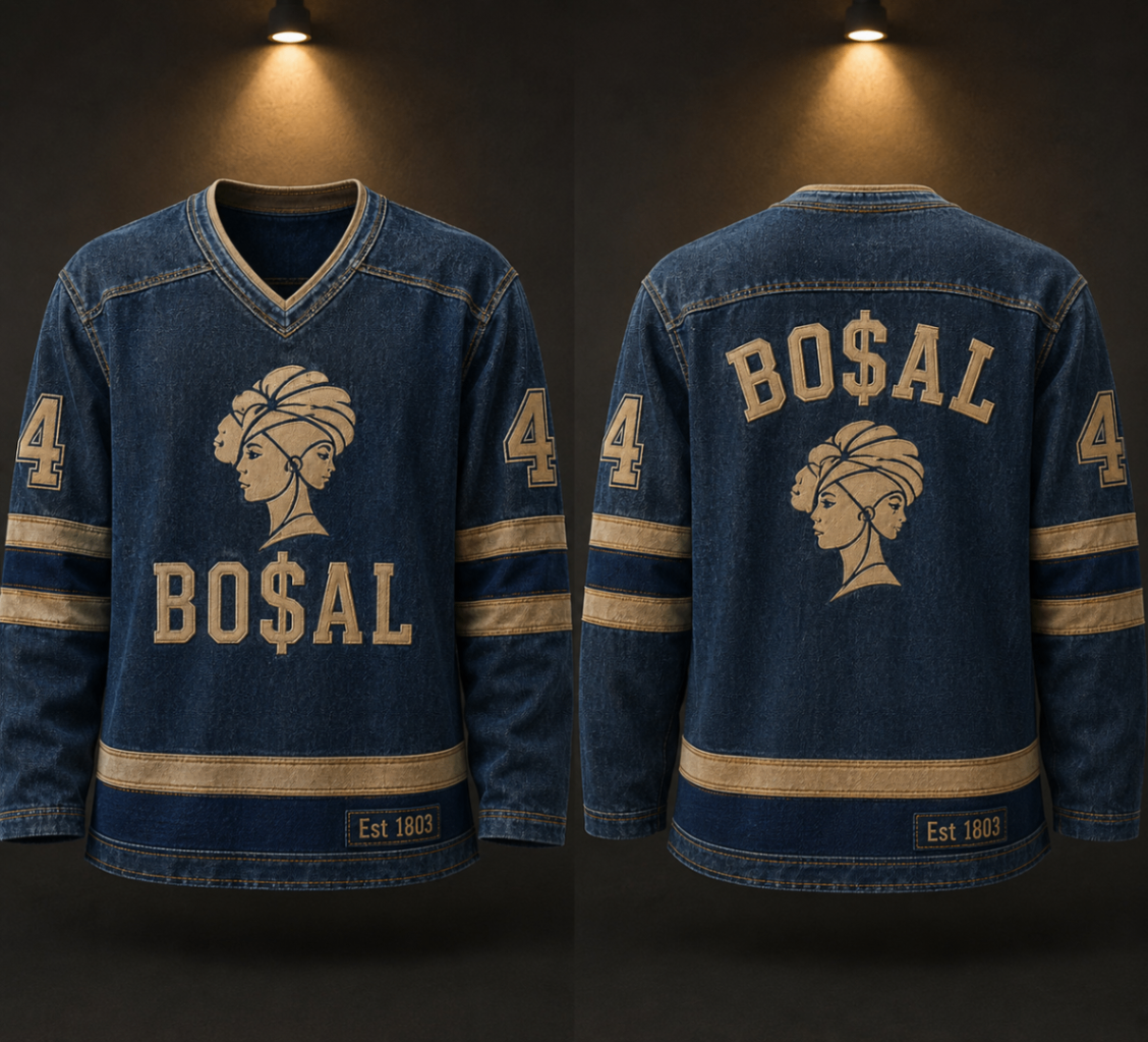 BO$AL denim heritage hockey jersey concept artwork — front and back views in indigo denim with tan woman-with-headwrap symbol, BO$AL wordmark, sleeve numerals and Est 1803 hem label.