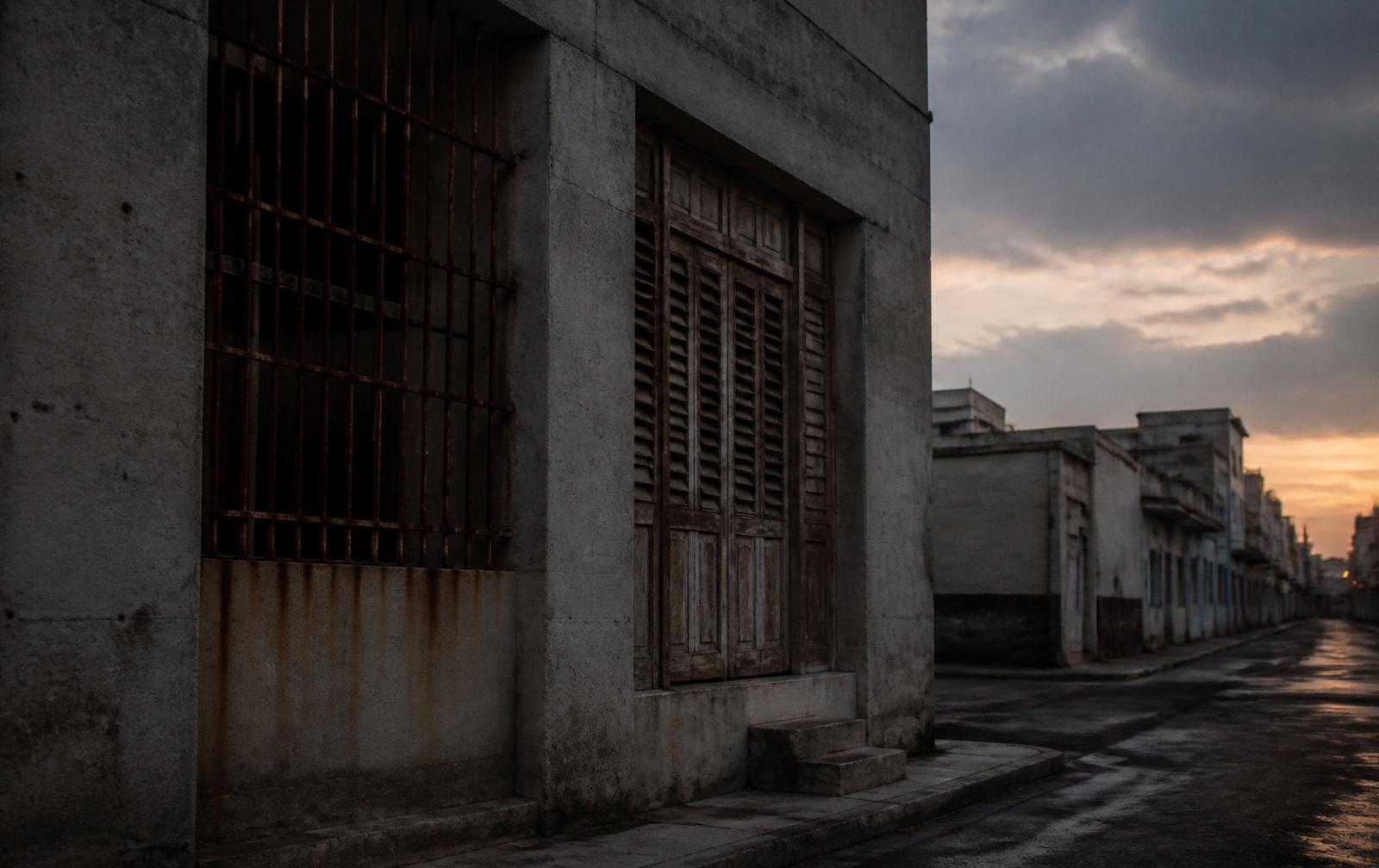 Concrete facade with iron grill and wooden shutters