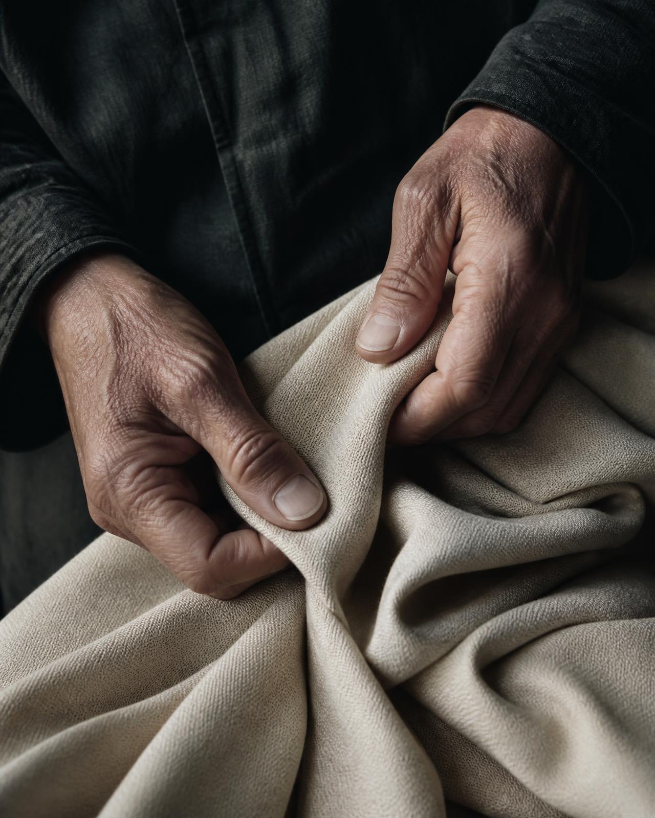 Hands folding coarse cream fabric