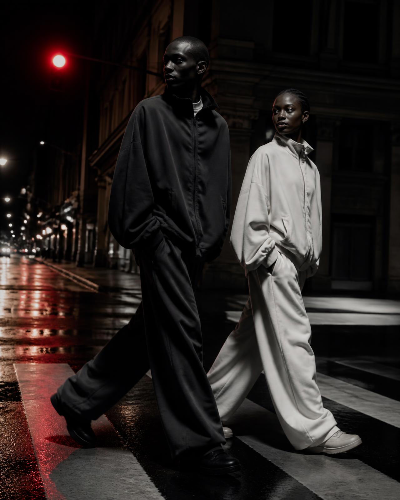 Two models crossing a wet street at night