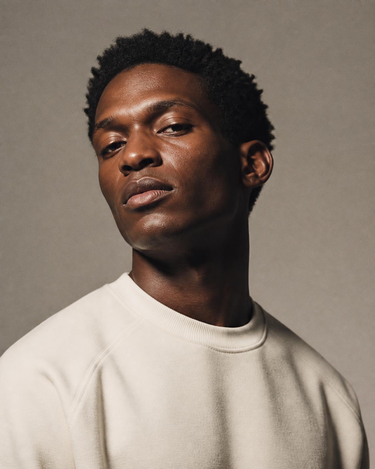 Studio portrait in a cream heavyweight jersey