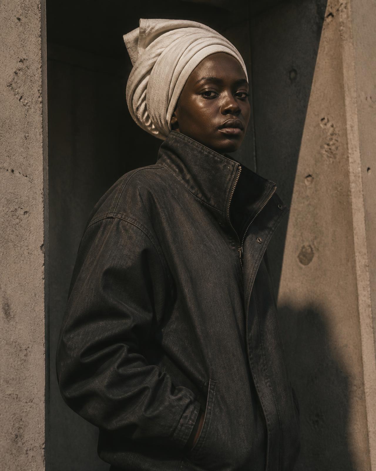 Woman in a fabric headwrap and heavyweight jacket in a concrete doorway