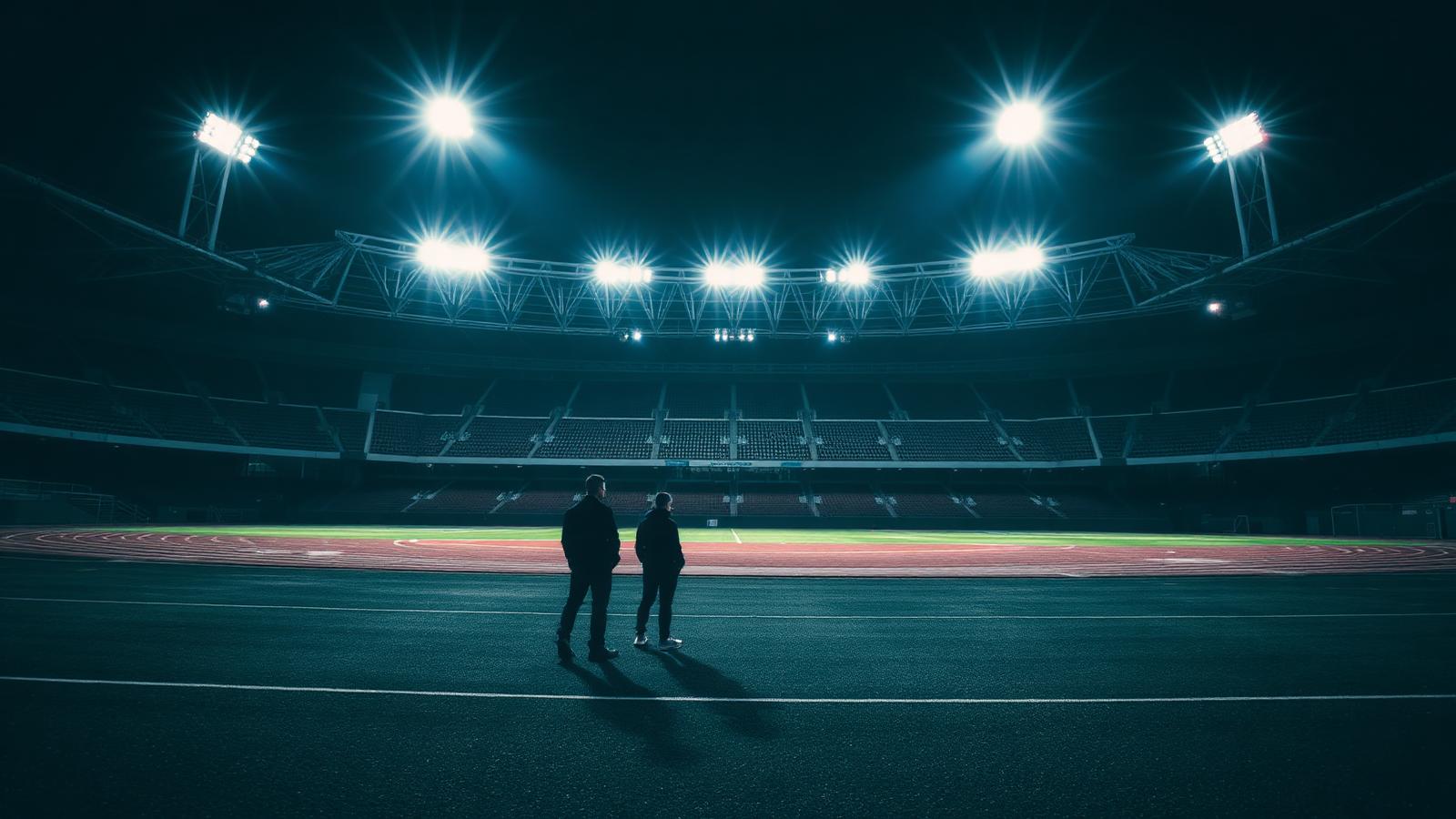 Empty floodlit stadium at night with two silhouetted figures on the track