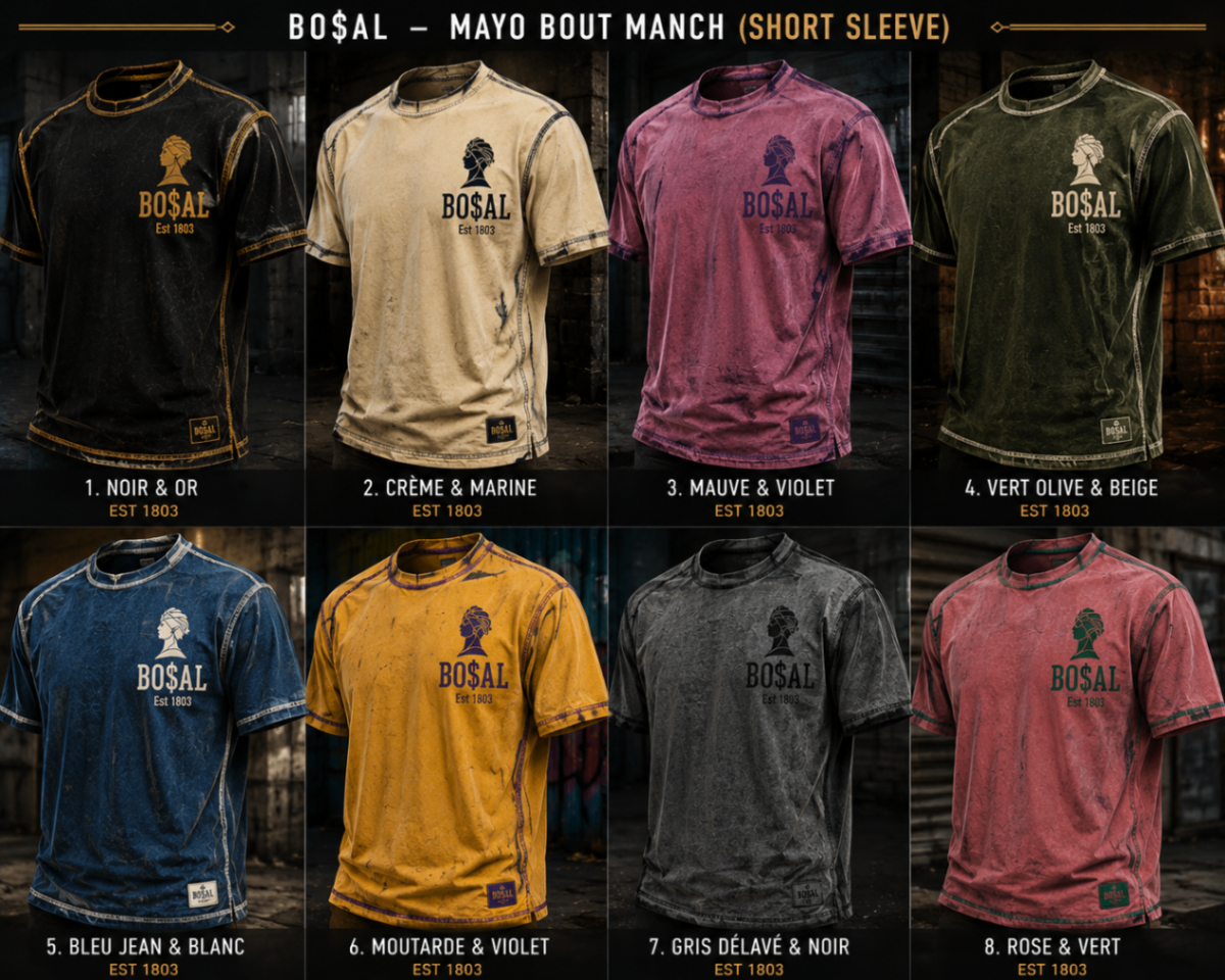 BO$AL washed exposed-seam short sleeve tee concept sheet — eight labelled colourway mockups carrying the woman-with-headwrap symbol, BO$AL wordmark and Est 1803.
