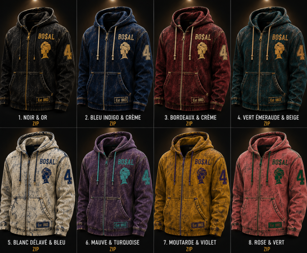BO$AL heritage zip hoodie concept sheet — eight labelled colourway mockups with the woman-with-headwrap symbol, BO$AL wordmark and Est 1803 hem label.